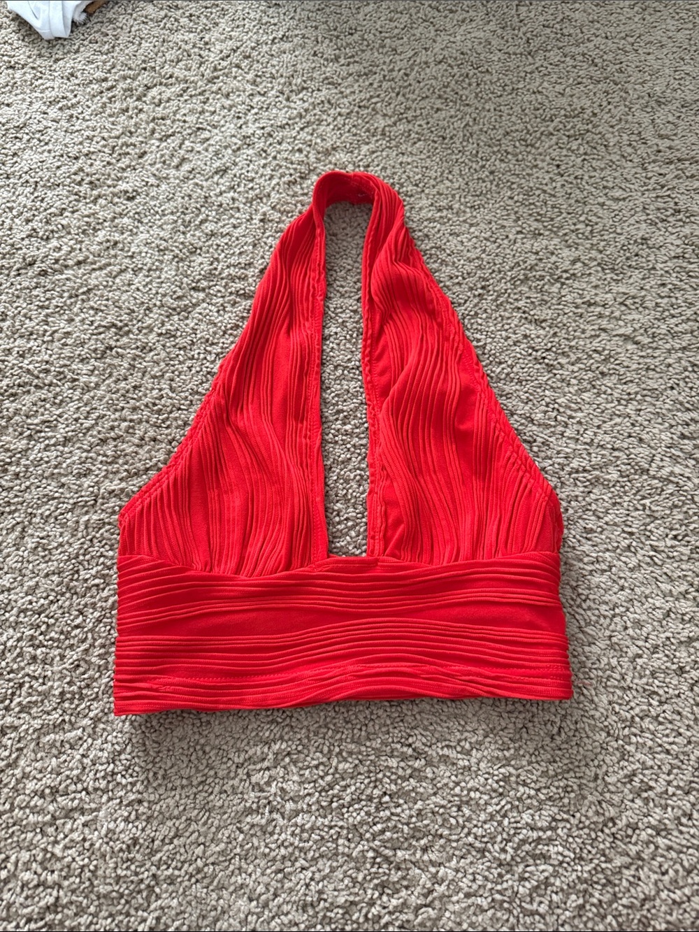 Red Halter Swim Top - Women's Textured Plunge Bikini Top